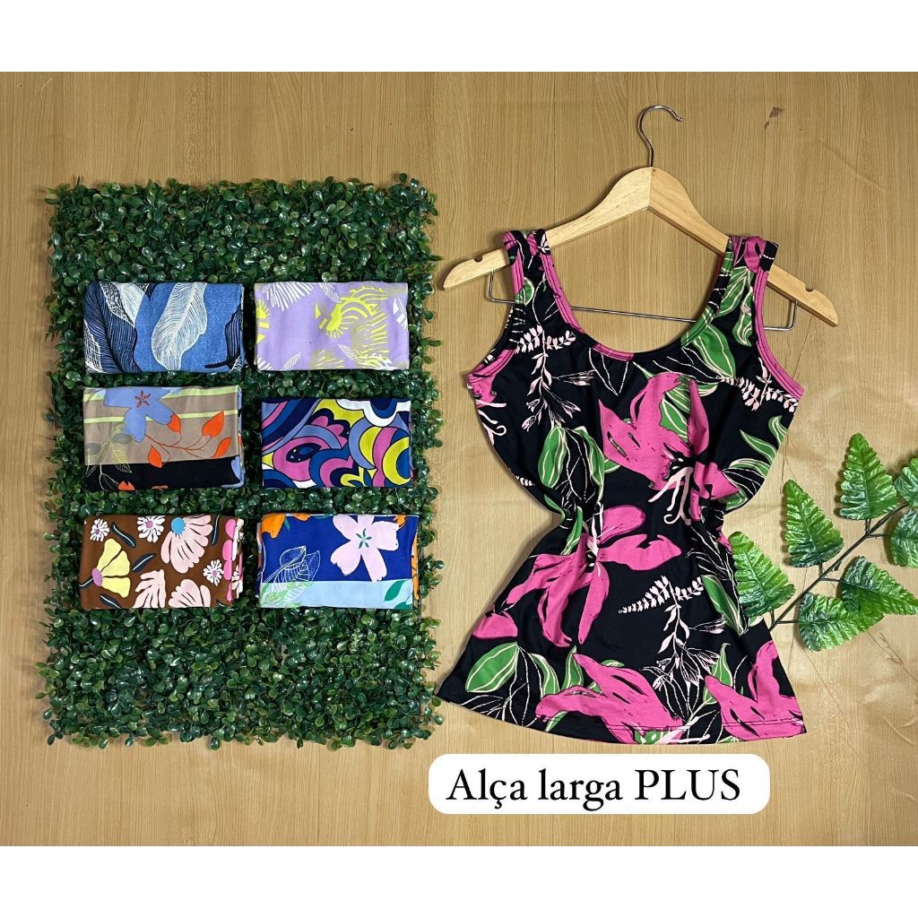 Detalhes do Kit 5 Blusa Plus Size Feminina Regata de Alça Larga Estampada GG Alça Grossa Básica Malha Suede