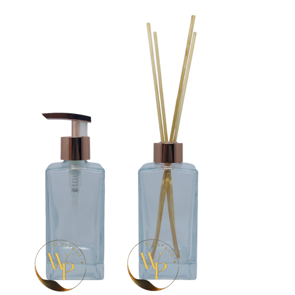 Kit 2 Frascos Saboneteira de Vidro Retangulo 250ml Com Tampa Difusora Super Luxo e Valvula Bico de Pato Super Luxo 28/410