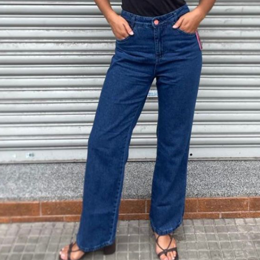 Calça Wide Leg Feminina Jeans Pantalona Lisa Escura Cintura Alta Casual Elegante