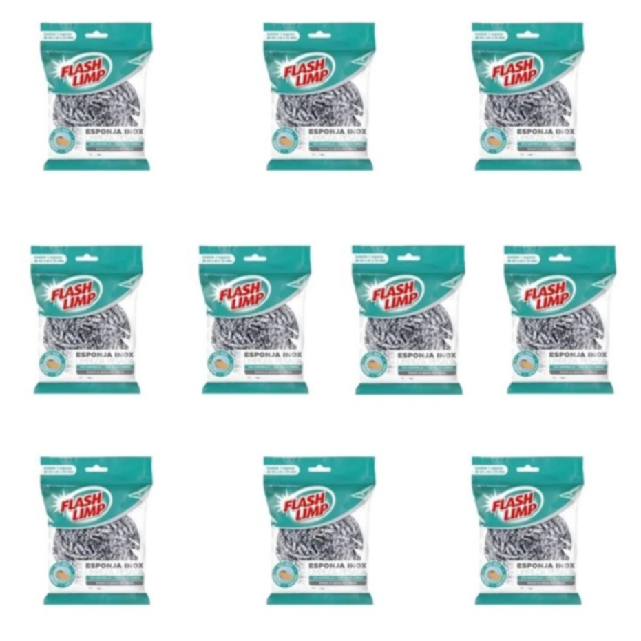 Esponja Inox Limpeza Pesada - Flash Limp - Kit com 10 unidades