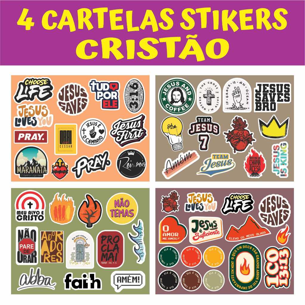 4 CARTELAS Adesivo Vinil Cristão Gospel Jesus para colar Skate, Vidro,  Biblia, Caderno, Celular, (LARANJA + MARROM)
