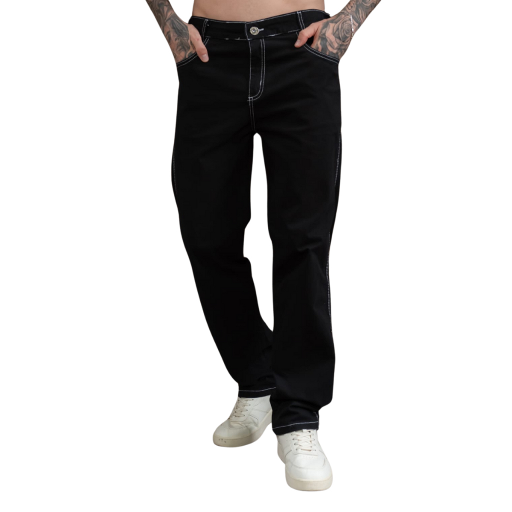 Calça Masculina Balao Preta Tradicional Com Costura Branca Alleppo Jeans