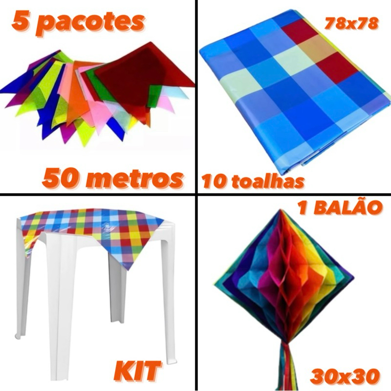 KIT Festa Junina 50 Metros Bandeirinha Seda + 10 Toalhas Xadrez COLORIDA 78x78 + 1 BALÃO 30 cm// em Oferta na Shopee