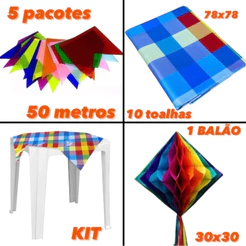 KIT Festa Junina 50 Metros Bandeirinha Seda + 10 Toalhas Xadrez COLORIDA 78x78 + 1 BALÃO 30 cm (CHOCO)