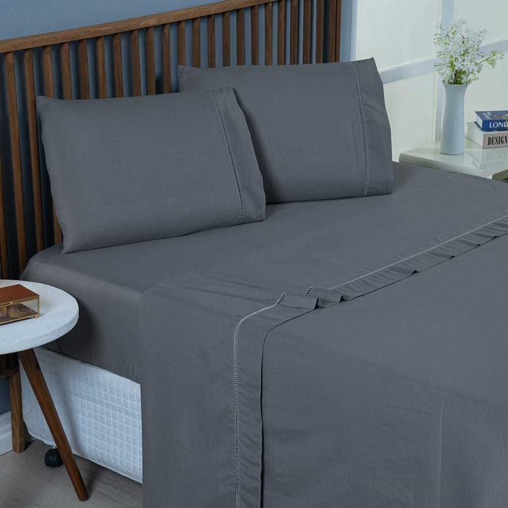 Jogo de Lençol 03 peças 400 fios Cama Casal Queem Micropercal Ponto Palito