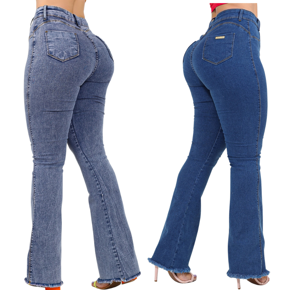 Kit 02 Calças Flare Barra Desfiada Azul Clara e Marmorizada Cós Alto Embina BumBum em Oferta na Shopee