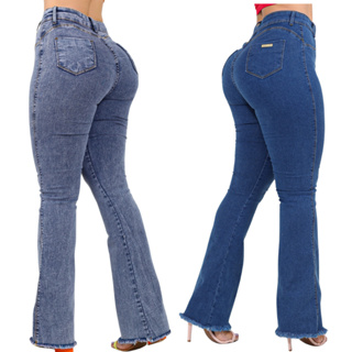 Kit 02 Calças Flare Barra Desfiada Azul Clara e Marmorizada Cós Alto Embina BumBum em Oferta na Shopee