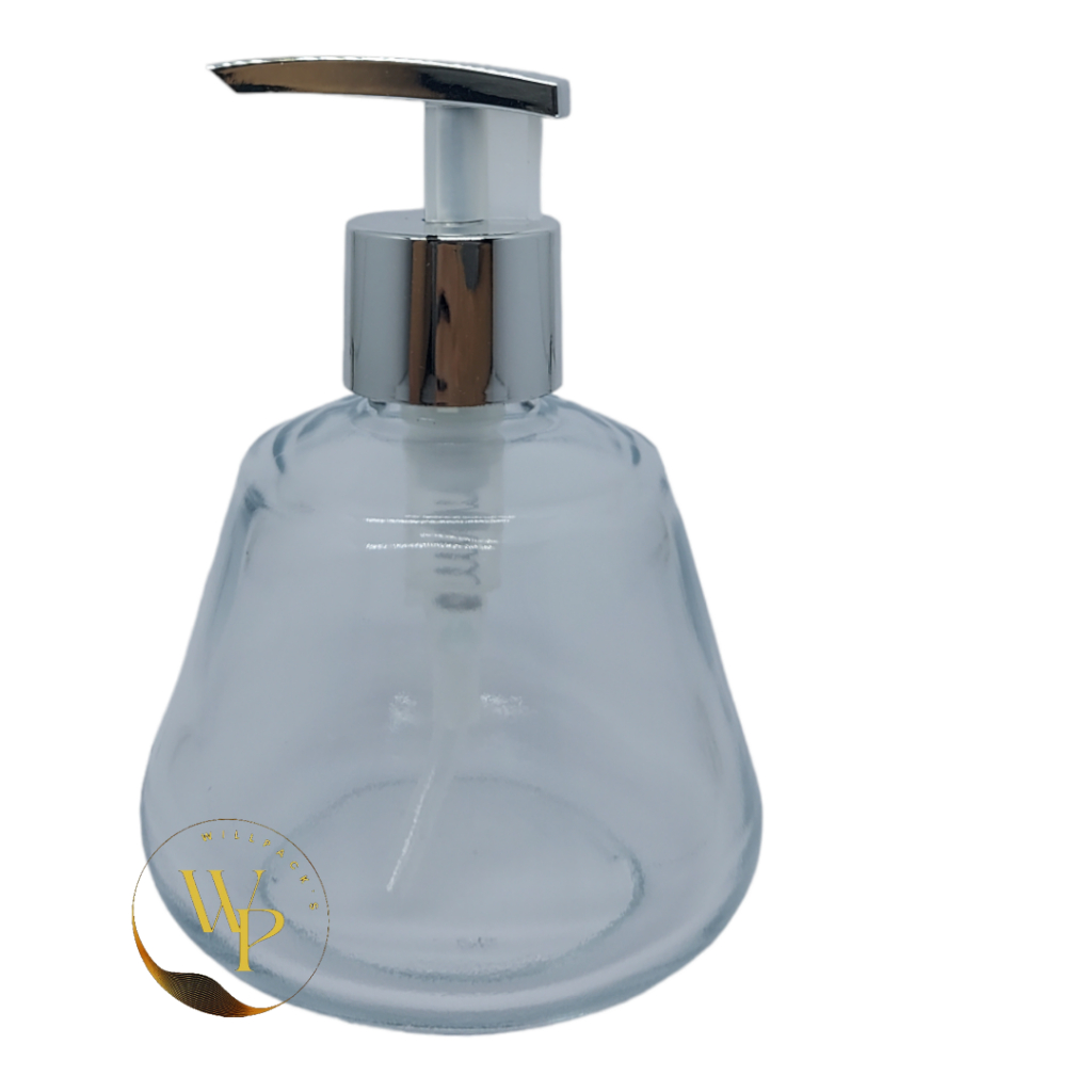Frasco Saboneteira de Vidro Cone 250ml Com Válvula Bico de Pato Metalizada 28/410