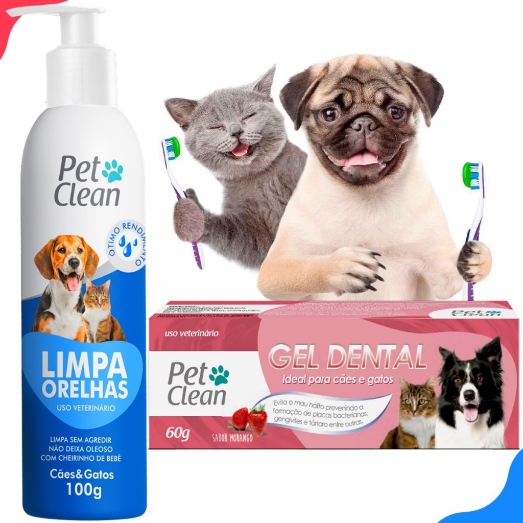Kit Pet Clean Limpador De Orelha + Gel Pasta De Dente Sabor Morango Cachorro e Gato