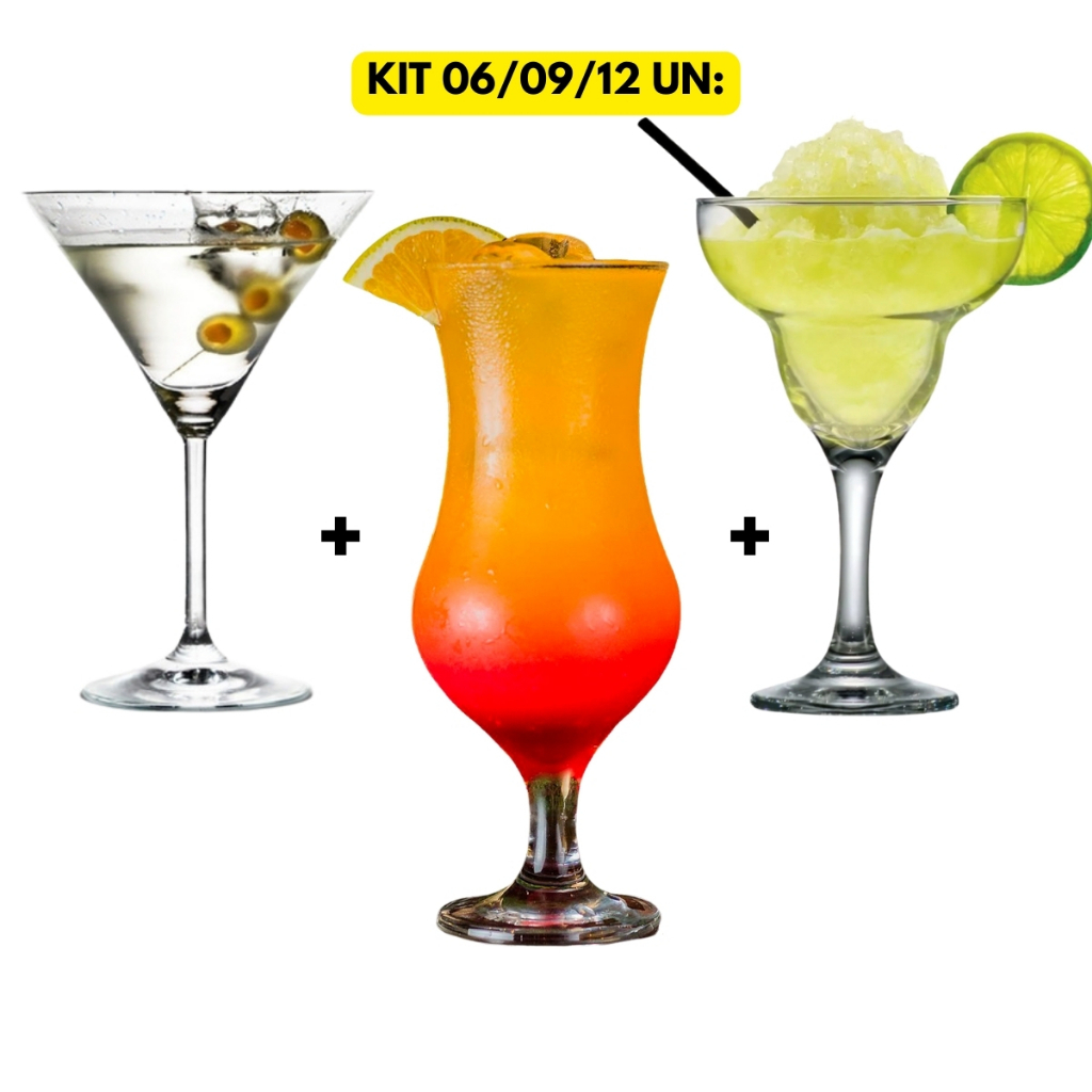 Jogo Kit Taças Vidro Margarita Martini Coquetel Windsor 06/09/12UN Temperado Transparente Long Drink Tequila Vinho Gin Suco