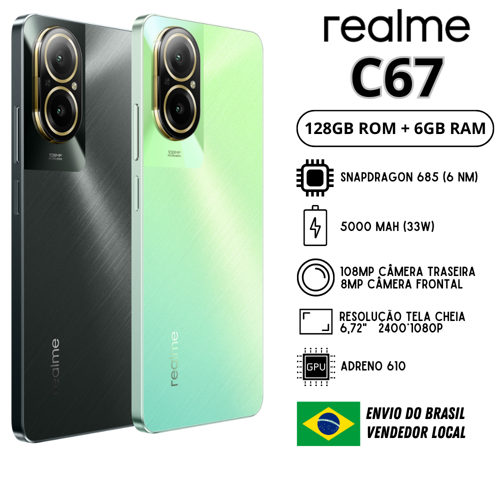 Celular Realme C67 128GB ROM / 6GB RAM |Envio do Brasil | Smartphone 4G , Processador Snapdragon 685, Carregador 33W