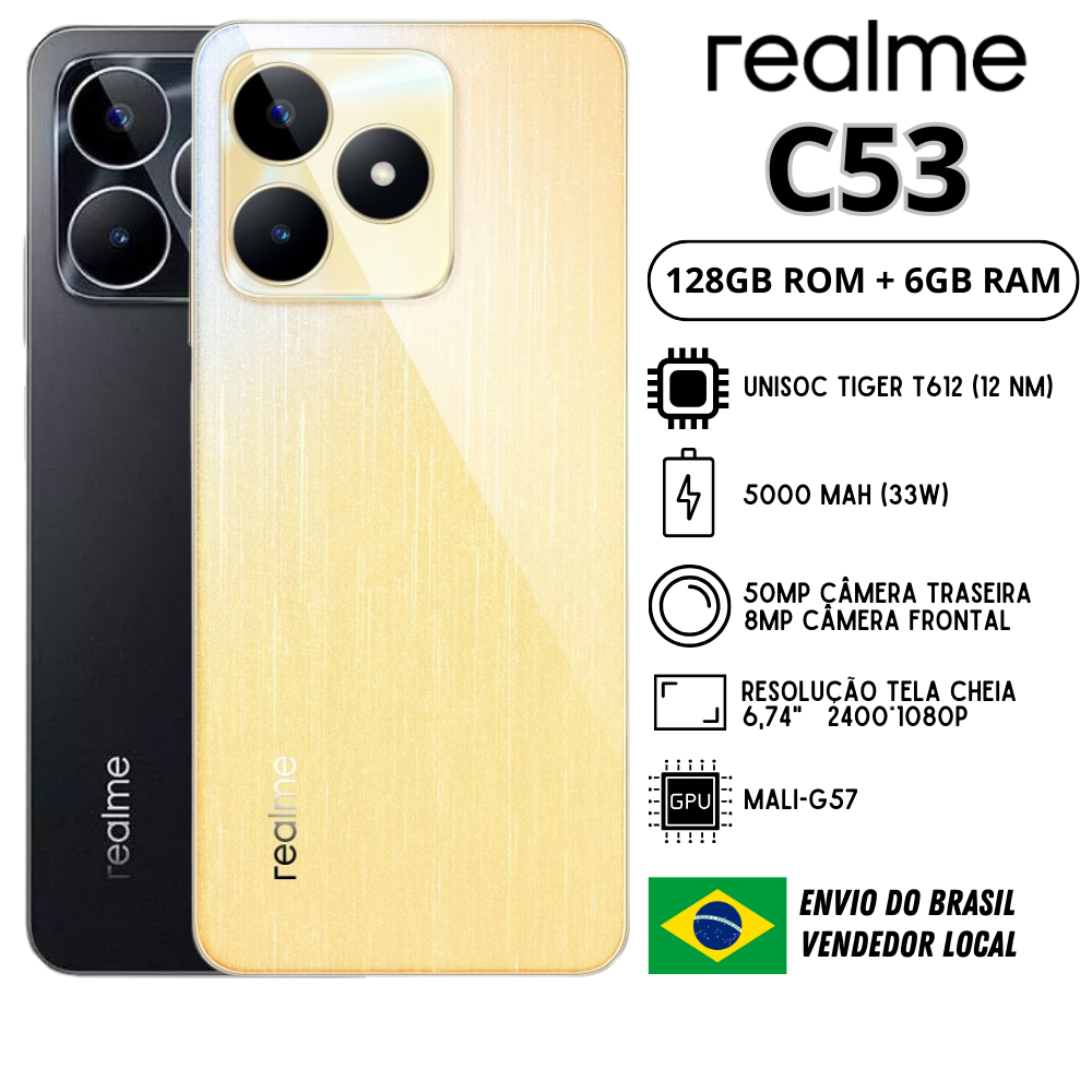 Celular Realme C53 128GB ROM / 6GB RAM | Envio do Brasil | Smartphone 4G , ROM Global , Processador Tiger T612 , Carregador 33W