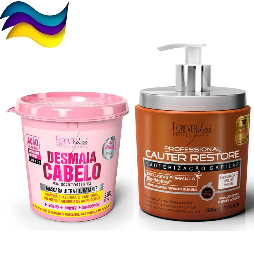 Kit Desmaia Cabelo 350g + Cauter Restore 500g Forever Liss Máscara Hidratação Cauterização Capilar