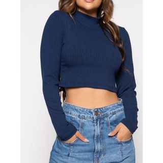 Cropped gola alta manga longa canelado em Oferta na Shopee