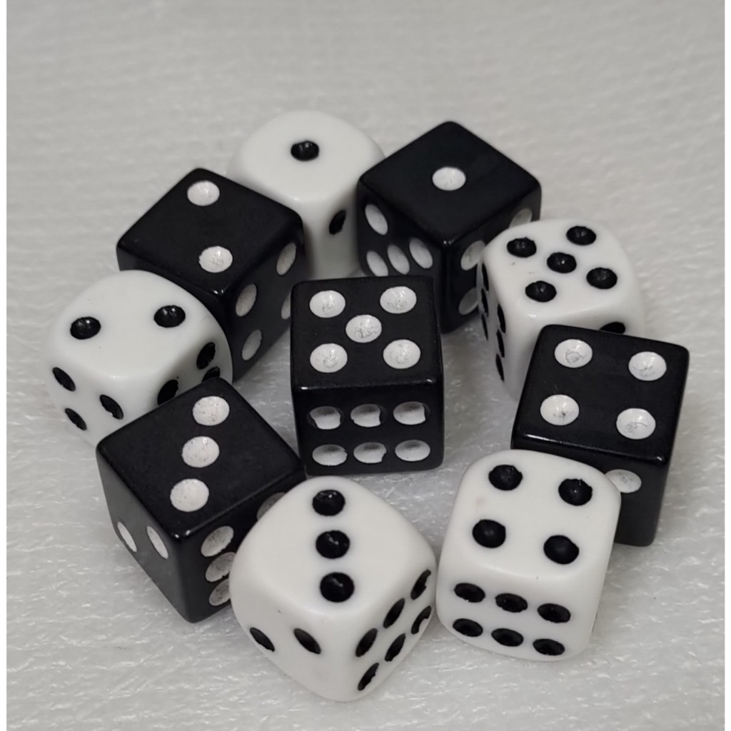 Dados de 6 Lados Pontilhados de 1 a 6 de 16 mm (1,6 Cm) -  Preto e  Branco