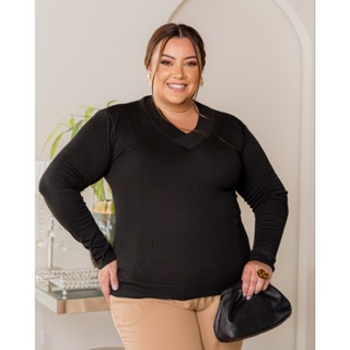 Blusa De Frio Trico Basica Decote V Plus Size GG Manga Longa em Oferta na Shopee