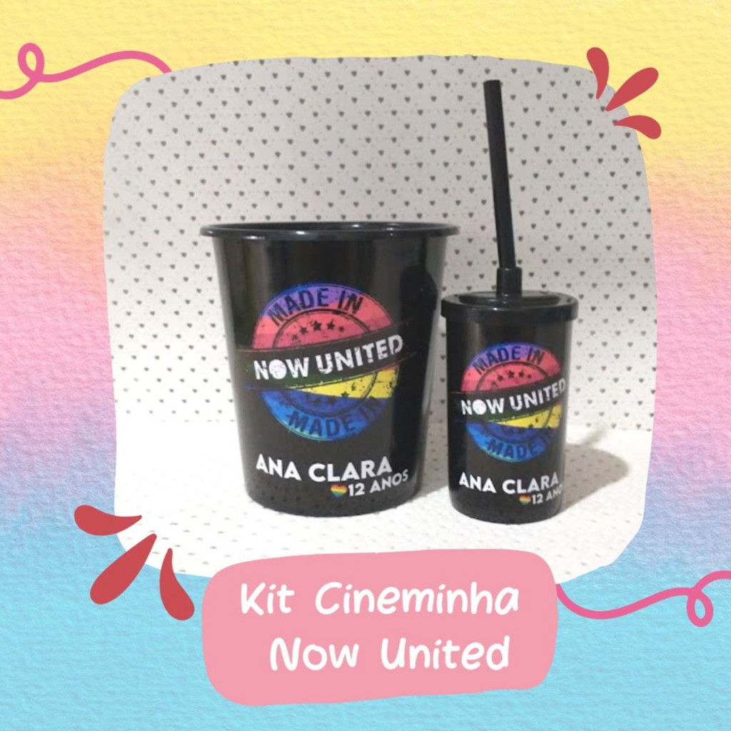 Kit Cineminha personalizado - Now United com 10 unidades  Balde Pipoca 1Litro/copo short drink.