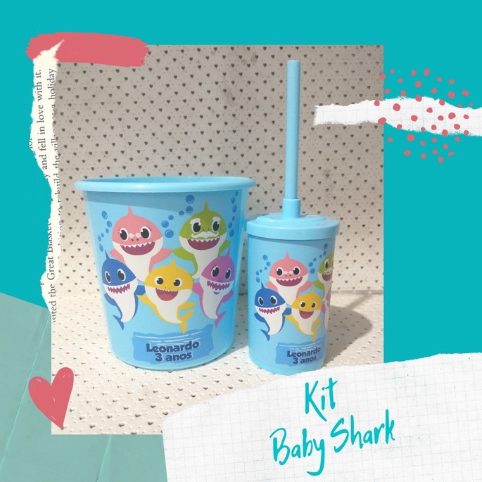 Kit Cineminha personalizado - Babyshark com 10 unidades Balde Pipoca 1Litro/Copinho copo short drink