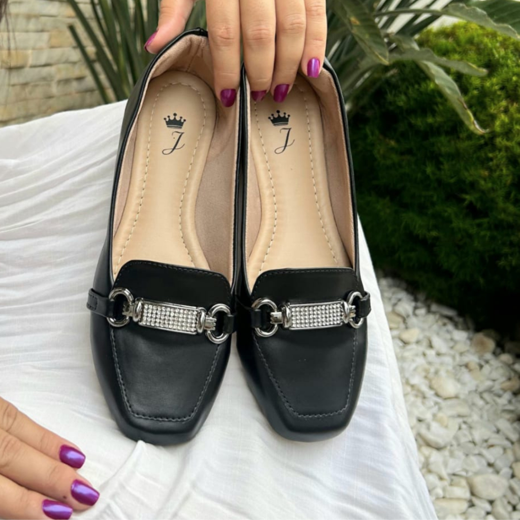 Mocassim Feminino Bico Quadrado Strass Novidade Sapatilha Feminina Confortável Moda Luxo Elegante