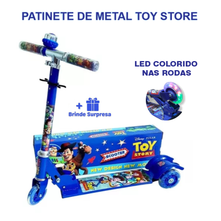 Patinete Infantil de Metal Toy Store Menino Azul 3 Rodas LED Colorido Freio Buzina Altura Ajustável