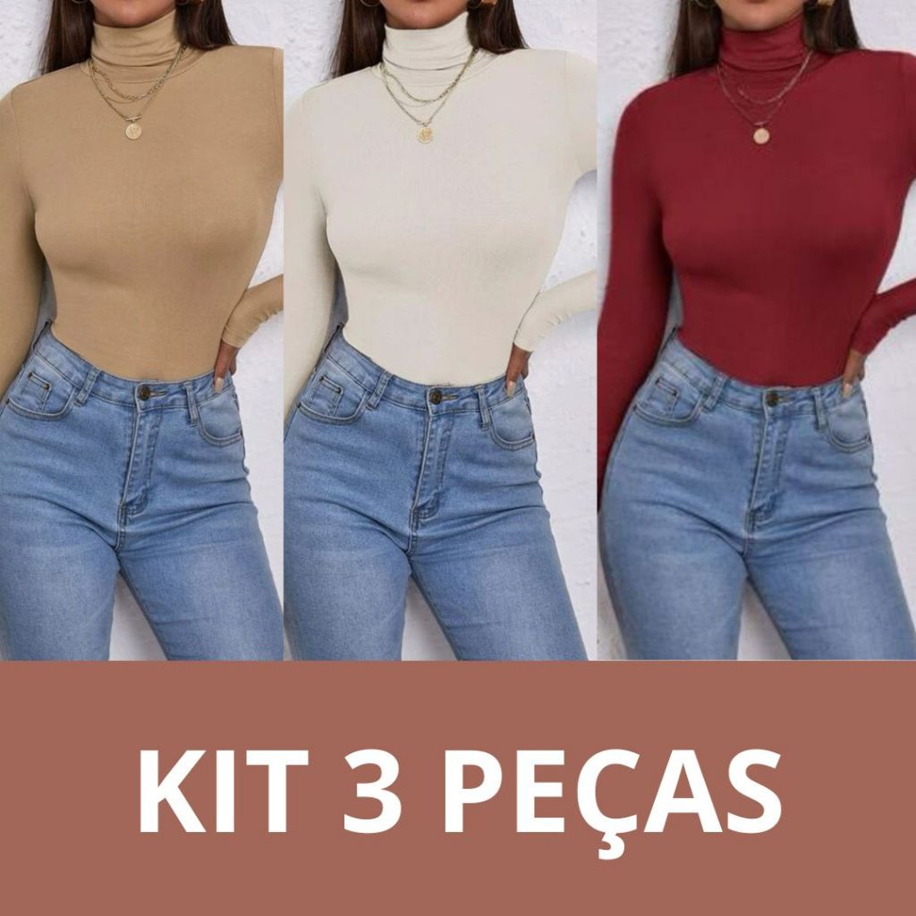 KIT 3 Blusas Feminina Cacharrel Gola Alta Manga Longa Suplex Segunda Pele Termica