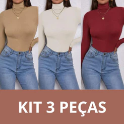 KIT 3 Blusas Feminina Cacharrel Gola Alta Manga Longa Suplex Segunda Pele Termica