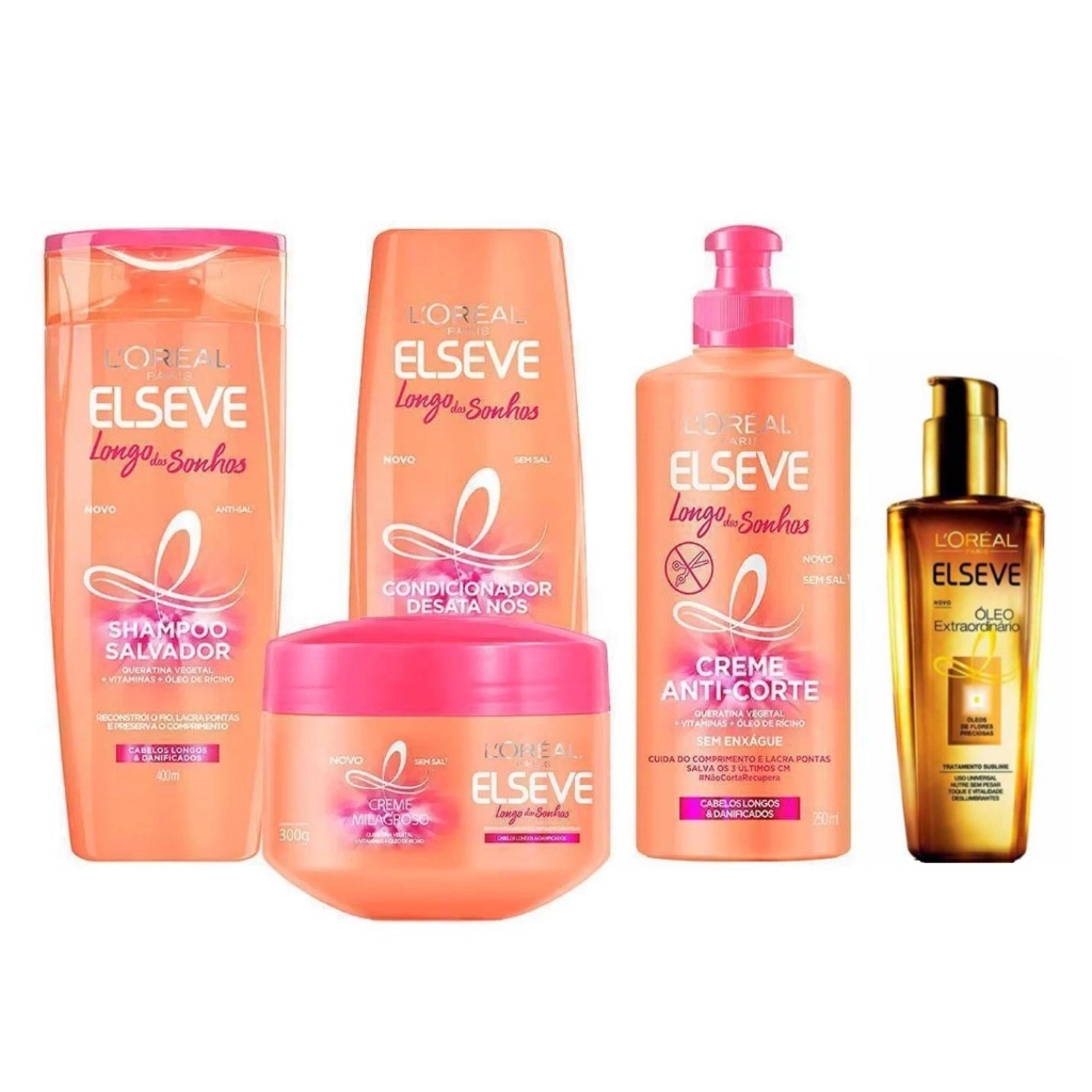 Kit Elseve Longo dos Sonhos 400ml - 5 Peças ( SH e COND 400ml + CR TRAT - CR PENTEAR + ÓLEO EXTRAORDINÁRIO )