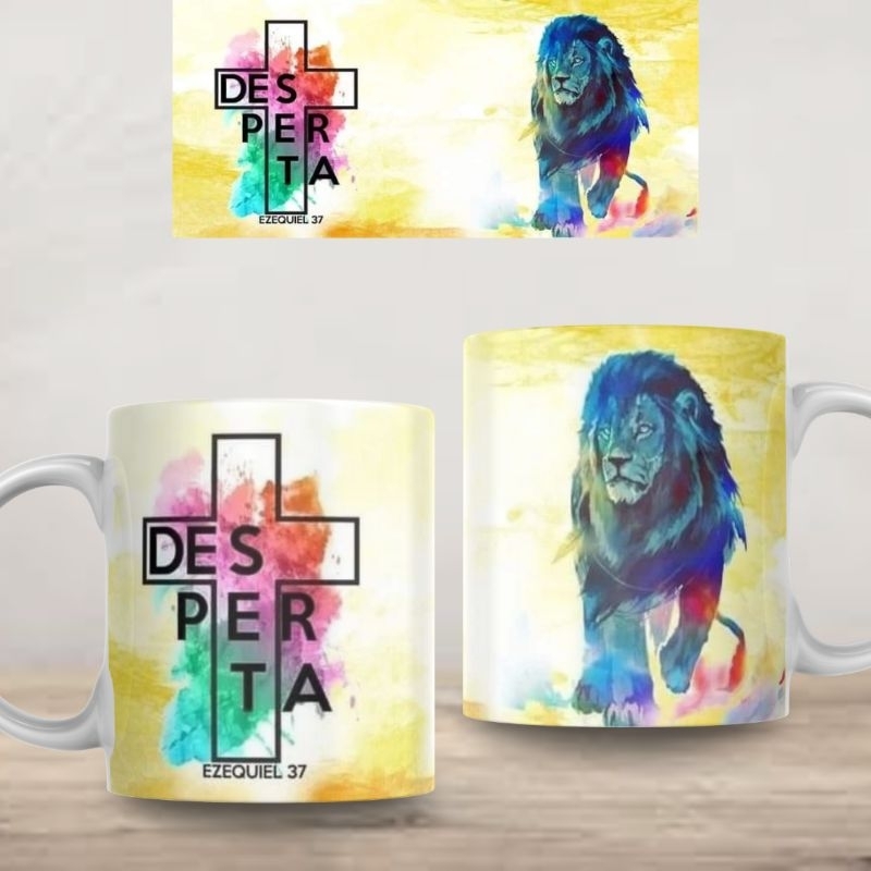 Caneca Personalizada Leão de Judá Colorido Cruz Desperta Cerâmica ou de Plastico/Polímero Estampada  Presente Lembrança Promoção Xícara