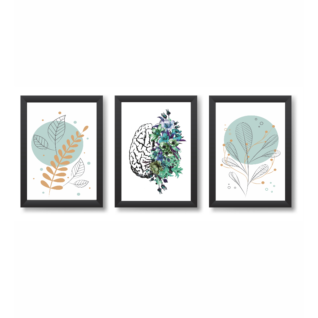 Kit 3 Quadros Decorativos Cérebro Medicina Psiquiatria Psicologia Molduras 20x30cm Madeira Vidro Cor Pretas