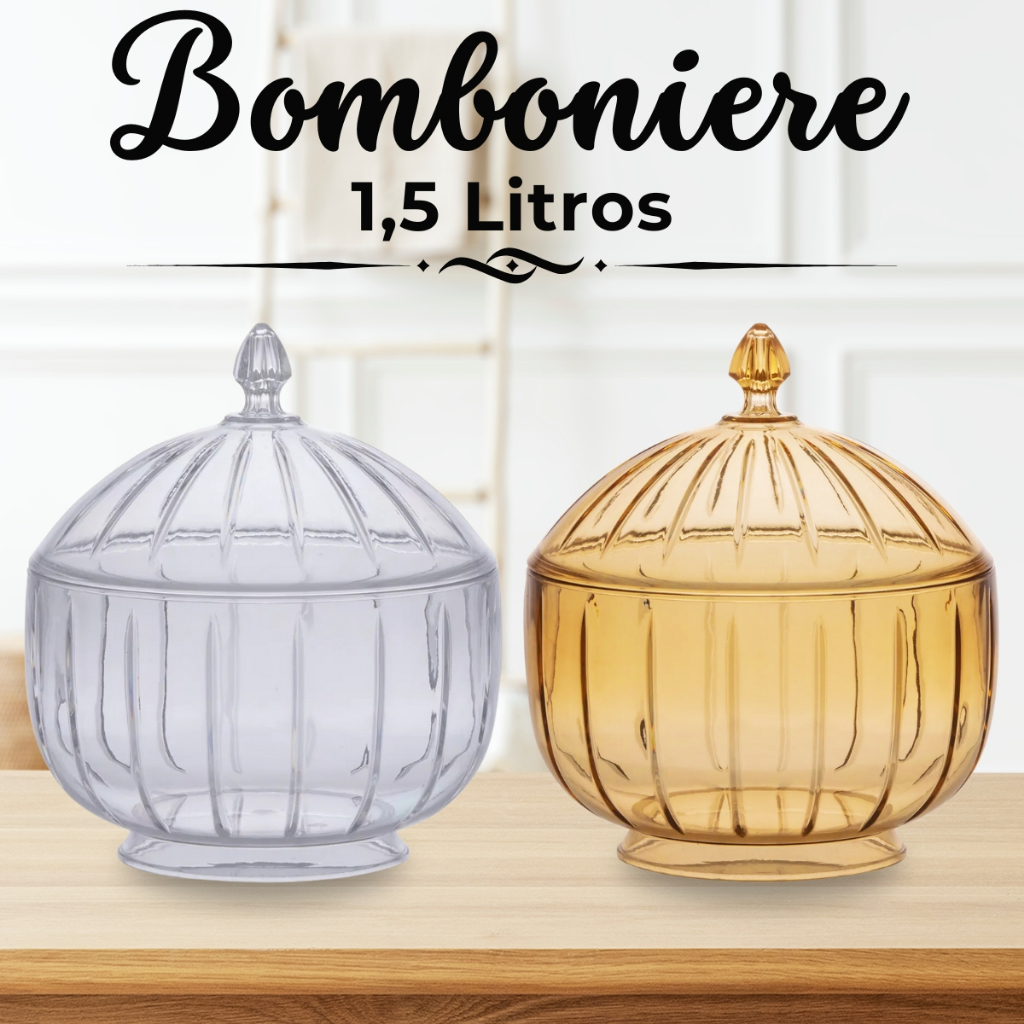 Bomboniere Potiche de Acrílico Baleiro Transparente C/ Tampa Decorativo Doces 1,5L