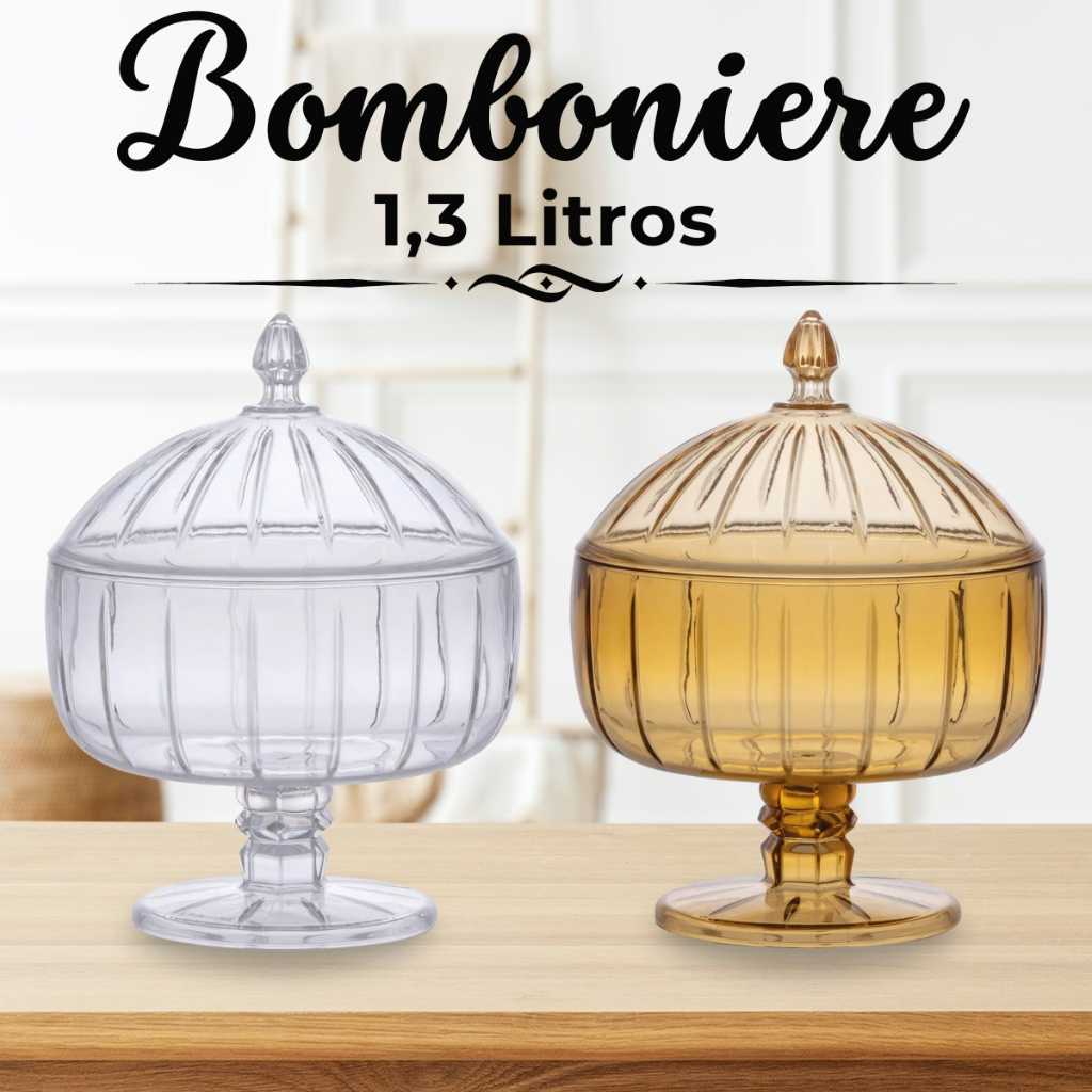 Bomboniere Potiche de Acrílico Baleiro Transparente C/ Tampa Decorativo Doces 1,3L