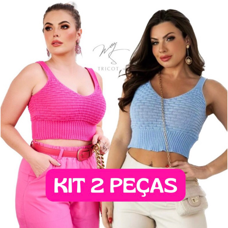 KIT 2 PEÇAS Cropped tricot TIJOLINHO feminino alcinha moda blogueira feminino tricô verão top
