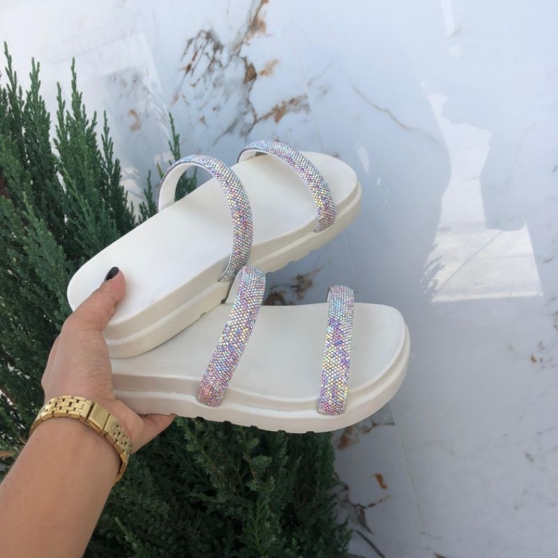 Papete Birken Sandália Feminina Flatform Cristal e Strass 2 Tiras Solado alto plataforma Tamanco