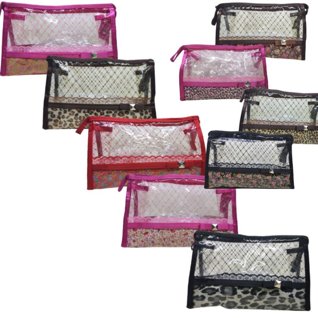 Kit 1/3 Necessaire De Mão Florais e Transparente Multi-uso 1086