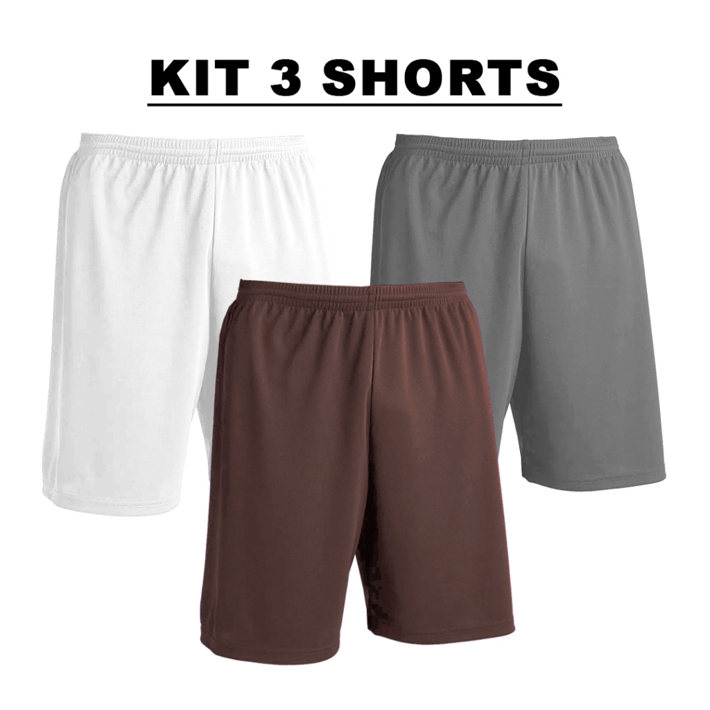 Kit com 3 Bermudas Branco + Metal + Cores Shorts Calção Dry Poliéster Liso
