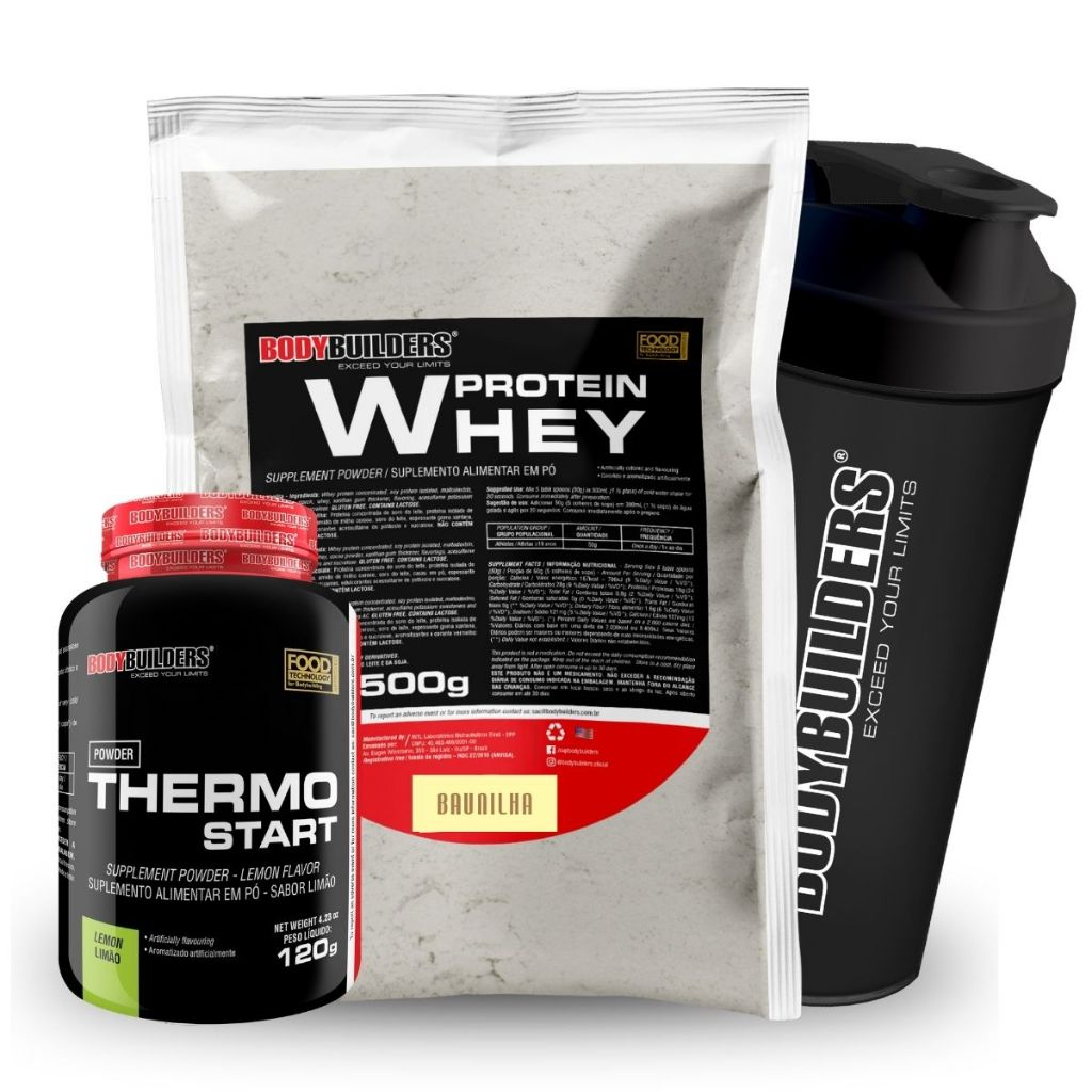 Kit Whey Protein Concentrado 500g + Termogenico Thermo Start Powder 120g + Coqueteleira - Bodybuilders