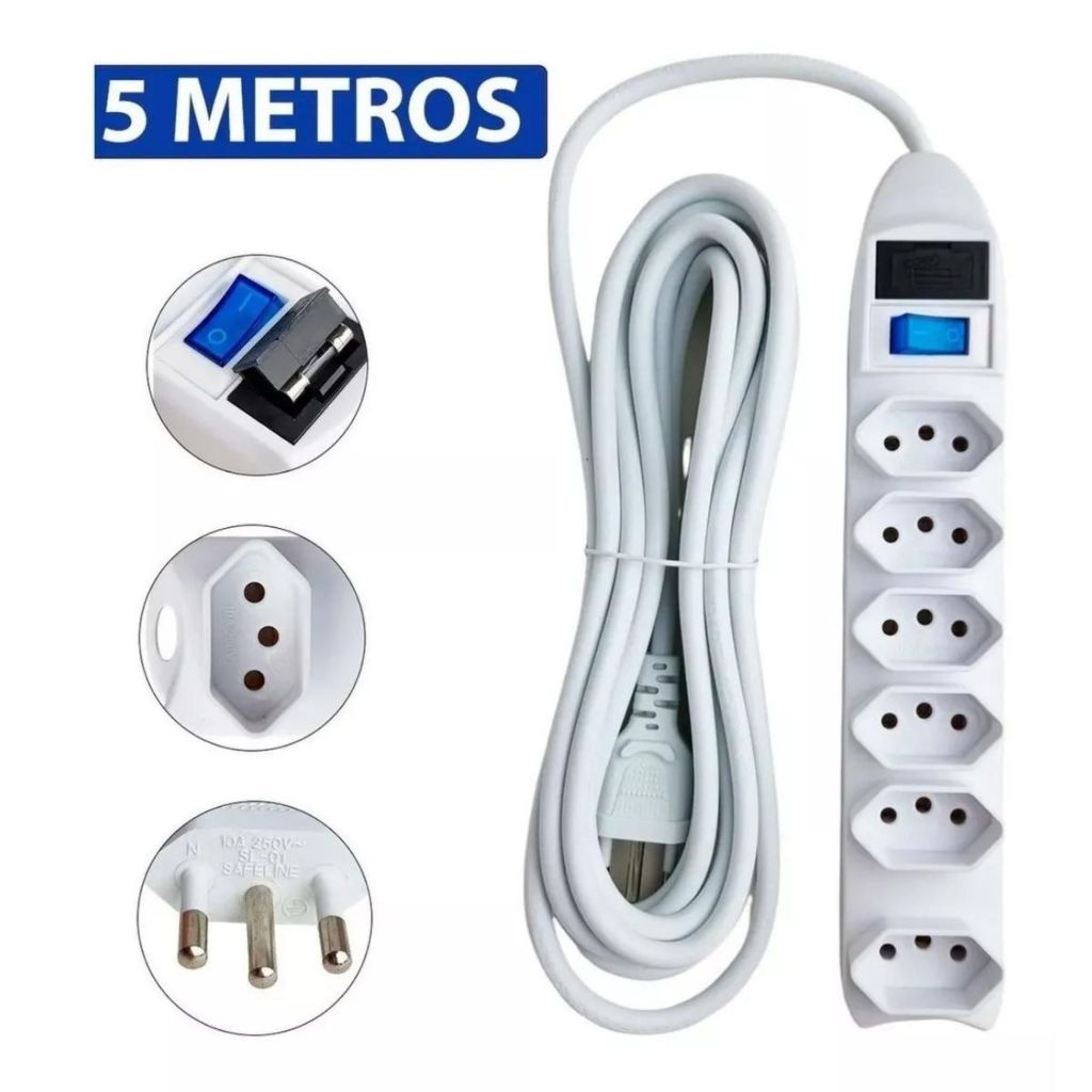 Extensão Elétrica 6 Tomadas Filtro De Linha Tomada Bivolt Com Fusível Interruptor Extensao  5 metros