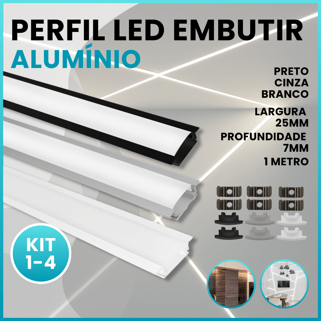 Kits 1, 2, 3, 4 Perfil Alumínio Slim Embutir Para Fita Led Metro