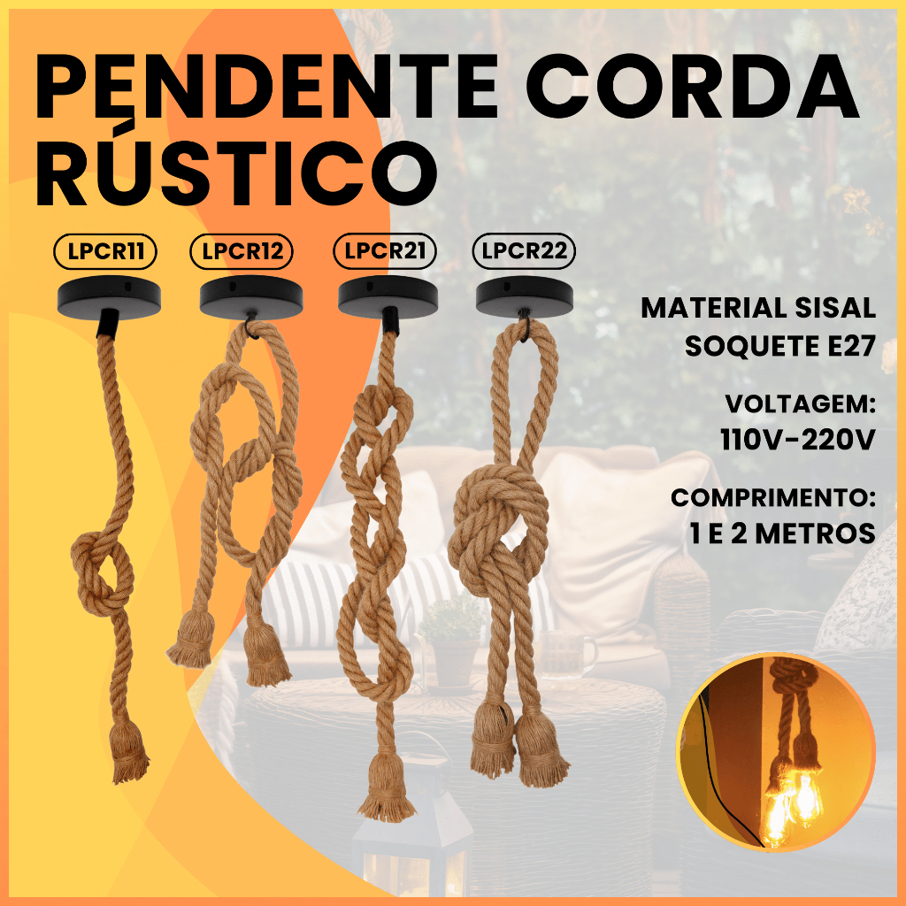Luminária Pendente Lustre Teto Corda Sisal Rústico LPCR Soquete E27