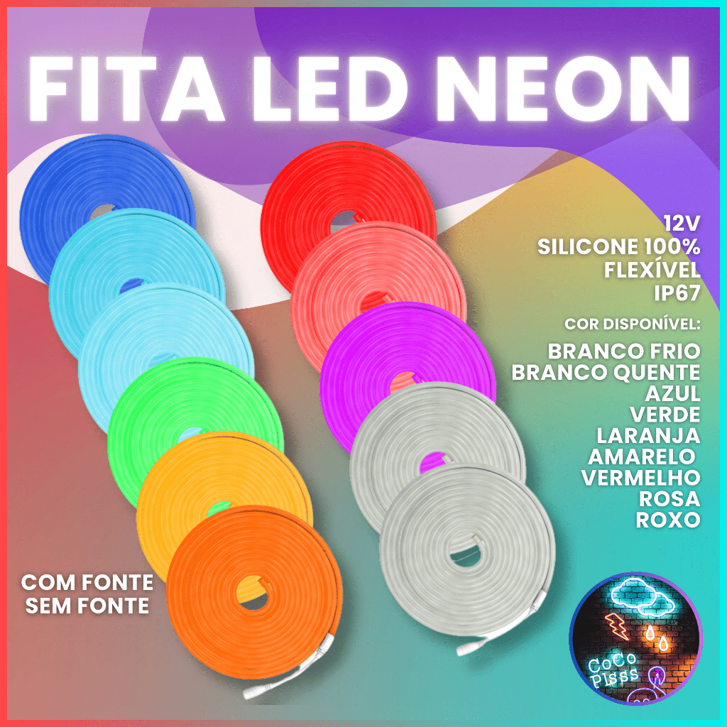 Fita de Led Mangueira Neon 5 Metros Alto Brilho Flexivel Siliconada IP65 Com ou Sem Fonte