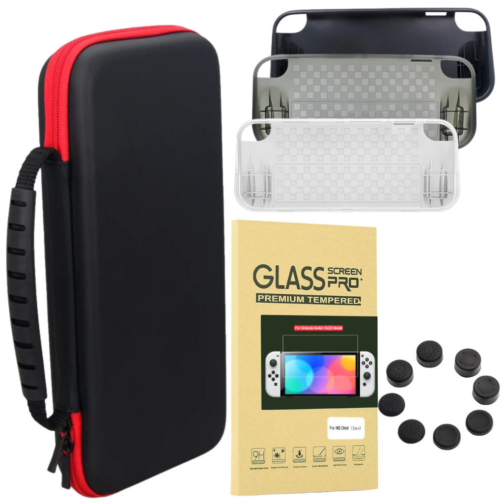 Case Estojo Bag Capa Rígida Nintendo Switch + 4 Grips+ Tpu+ Película Vidro Temperado Oled
