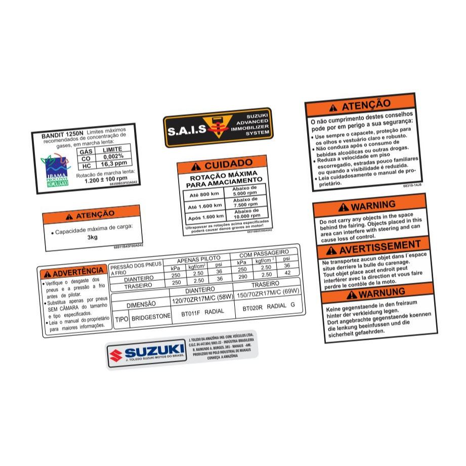 Etiquetas Advertência Motocicleta Suzuki Bandit N 1250 (2008-2015)