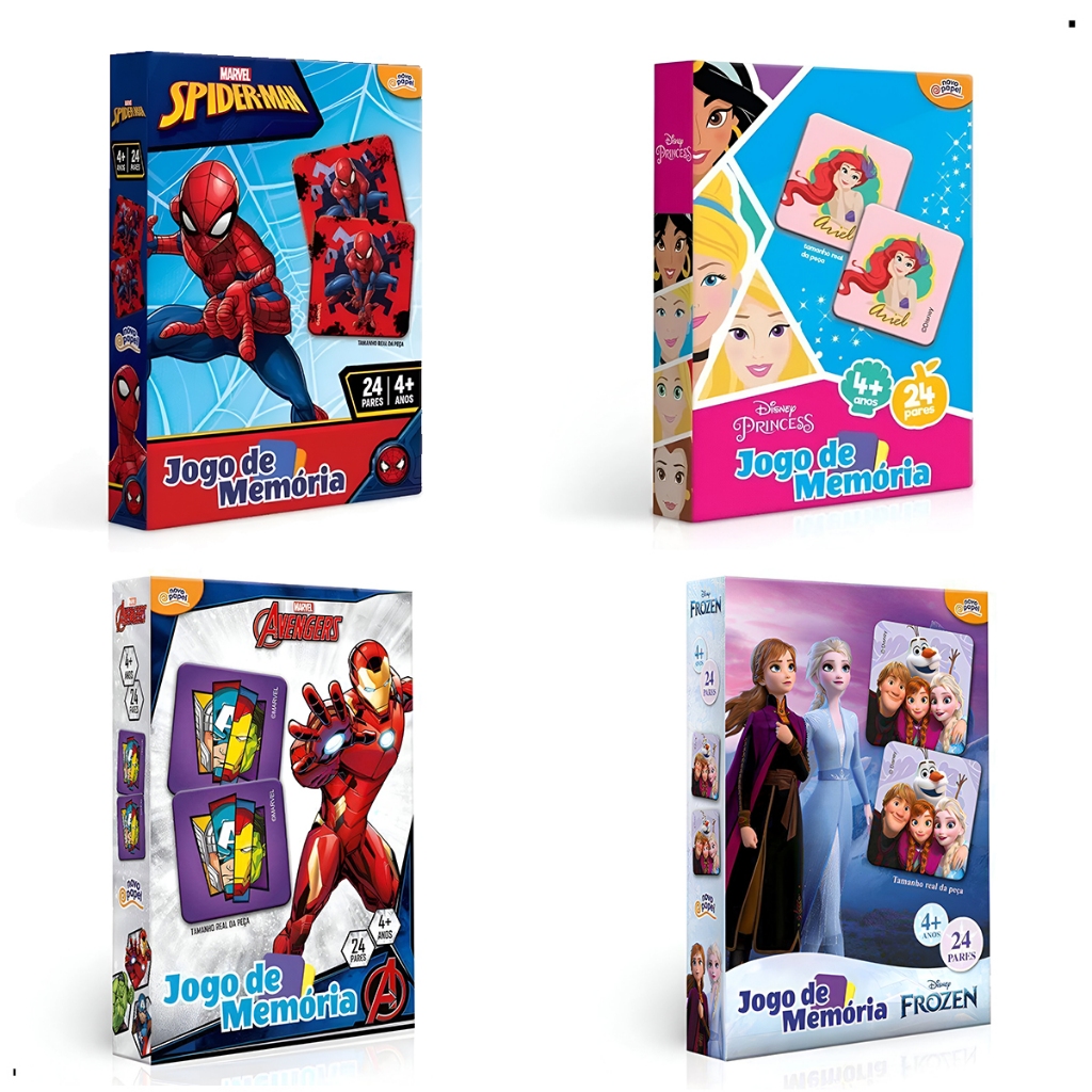 Jogo da Memória Infantil Educativo 24 pares Homem Aranha Princesas da Disney Vingadores Frozen