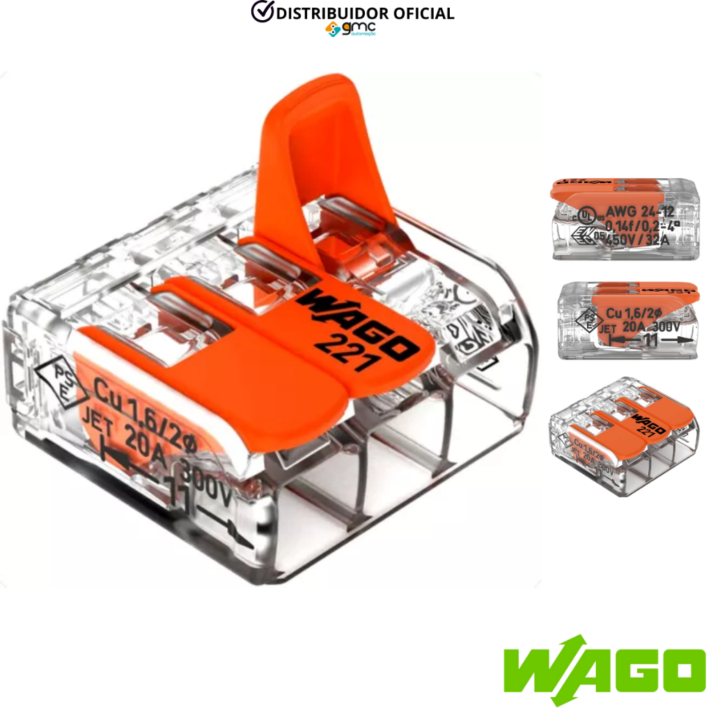 Kit Conector Emenda Para fios 0,14mm-4mm 3 Polos Wago 221-413 20 Peças