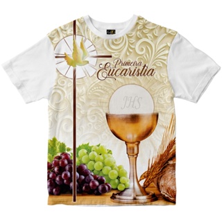 Camiseta da Primeira Eucaristia calice e uvas Branca em Oferta na Shopee