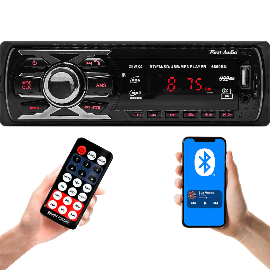 Rádio MP3 Player Som Automotivo 6660BN Bluetooth Universal 1 Din com USB e Leitor de Cartão SD