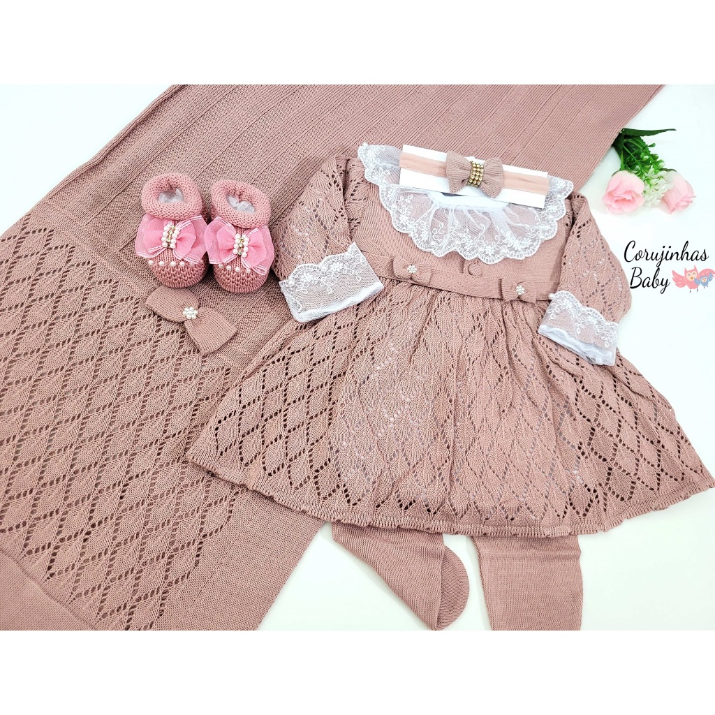 Saída de maternidade menina em tricô /tricot rosê Michele com vestido luxo feminina