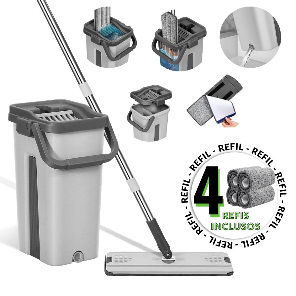 Mop Flat c/ 4 Refis Microfibra Esfregão Mágico com Balde 8 Litros Limpeza Lava Seca Tira P...