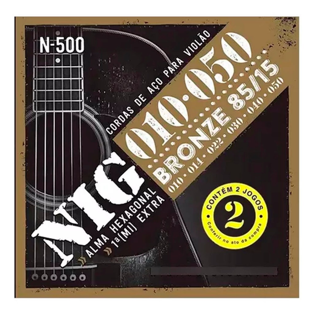 Pack 2 Encordoamentos Nig De Aço Violão 010 /.050 Bronze 85/15 - N500