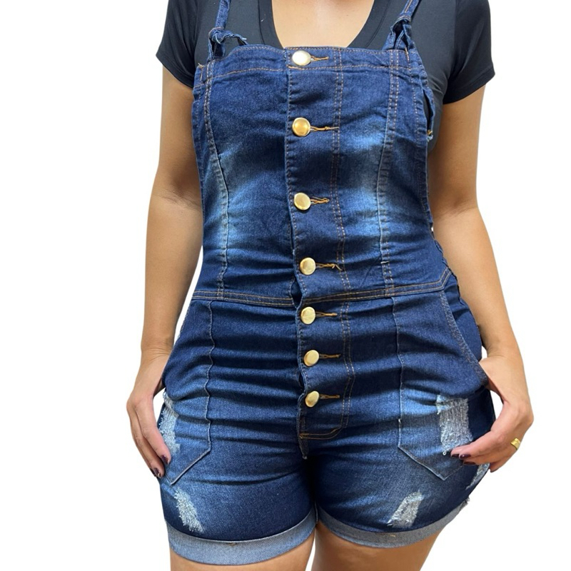 PLUZ SIZE JARDINEIRA SHORTS JEANS FEMININA COM LYCRA MACACÃO FEMININO DO 46 ao 54